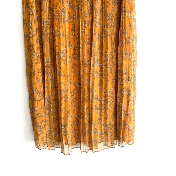 MANGO Mustard Floral Print Pleated Chiffon Tie & Elastic Waist Midi Skirt Sz M - Picture 4 of 13